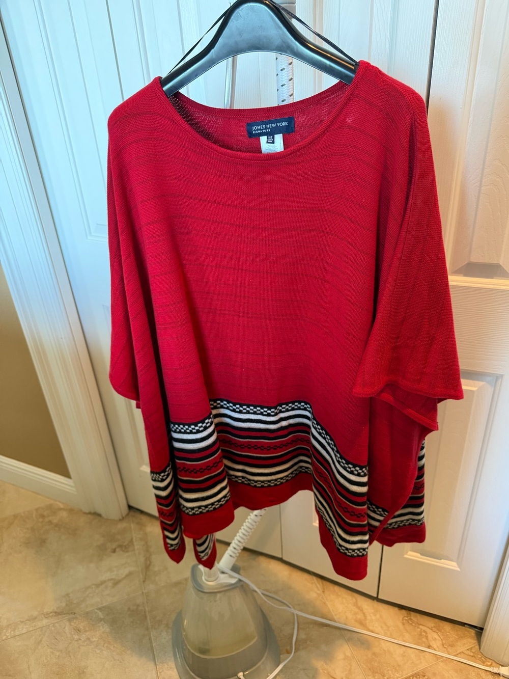 Jones New York Red Crewneck Sweater with Black White Cream Stripes